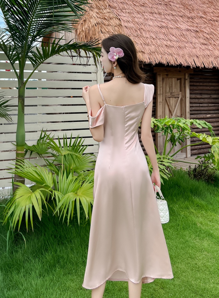 Slim France style dress temperament flat shoulder strap dress