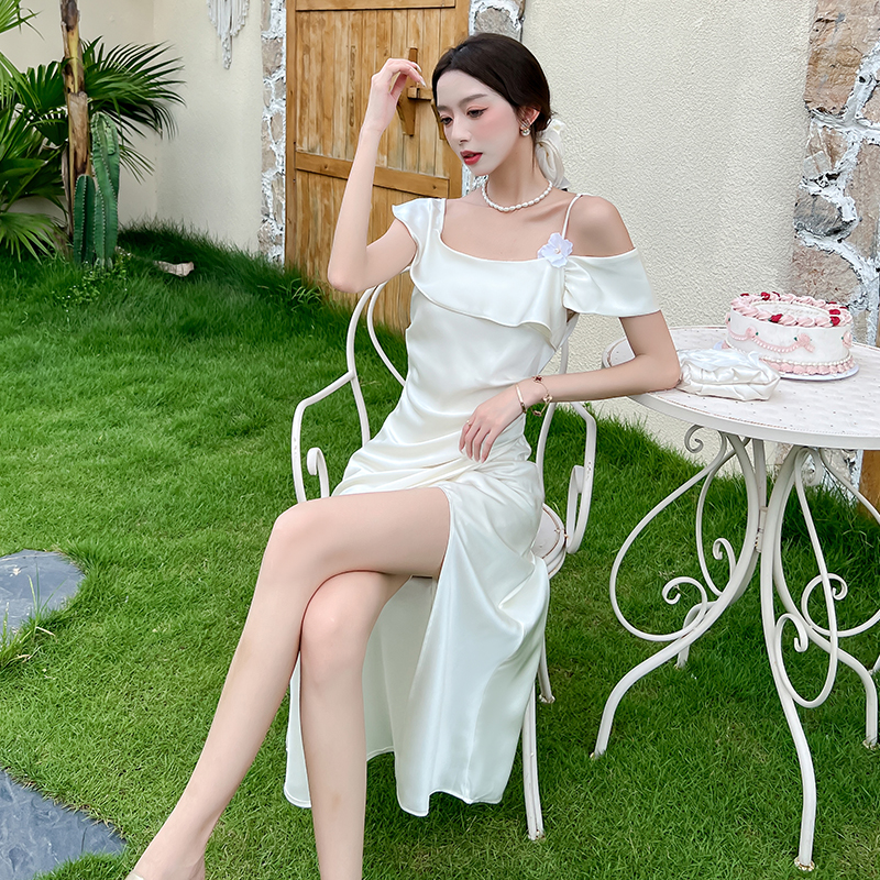 Slim France style dress temperament flat shoulder strap dress