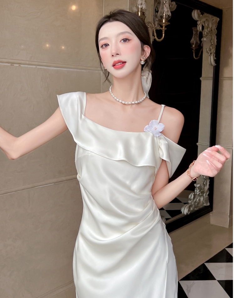 Slim France style dress temperament flat shoulder strap dress