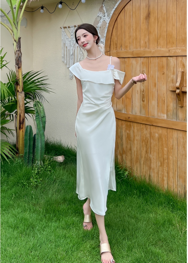 Slim France style dress temperament flat shoulder strap dress