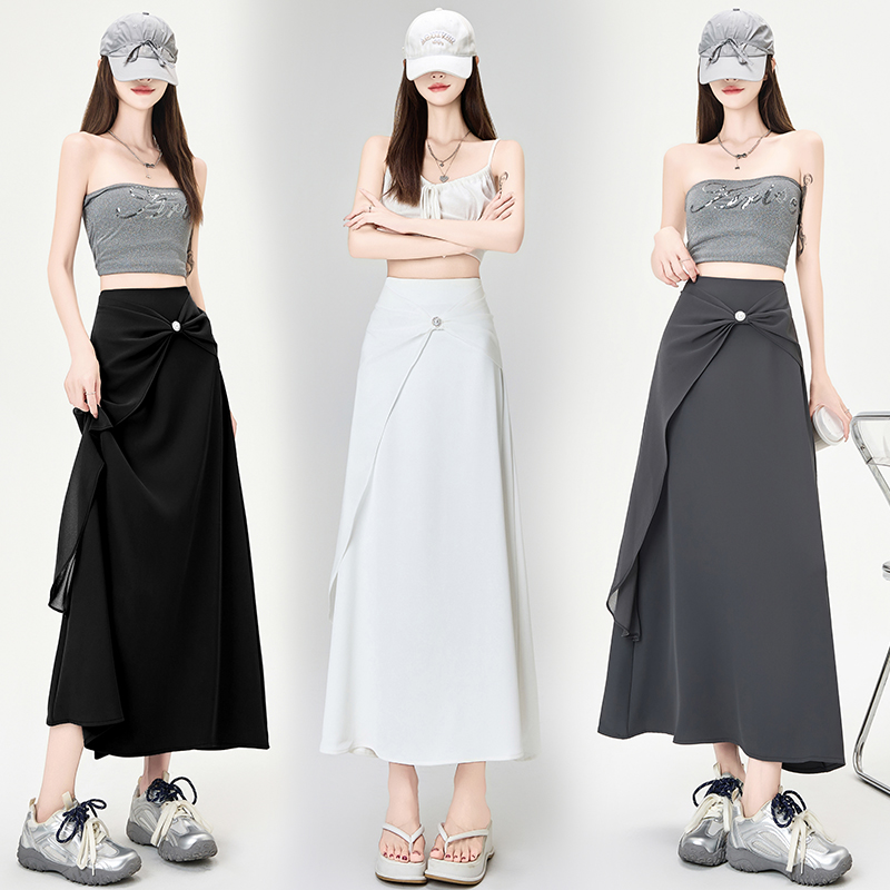 Drape chiffon high waist long skirt A-line splice slim skirt