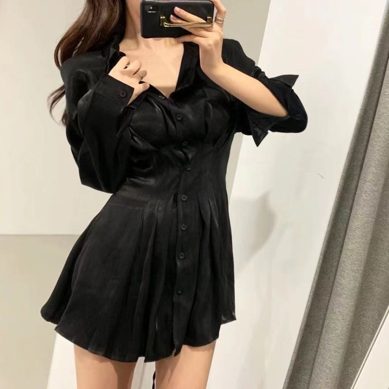 Pinched waist Korean style dress long sleeve niche shirt