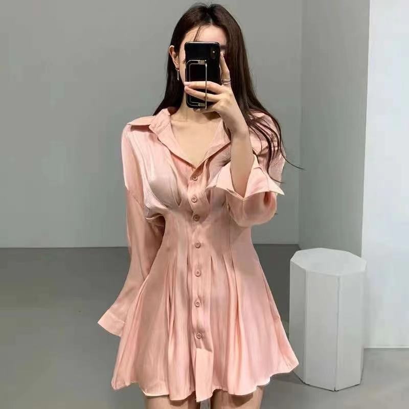 Pinched waist Korean style dress long sleeve niche shirt