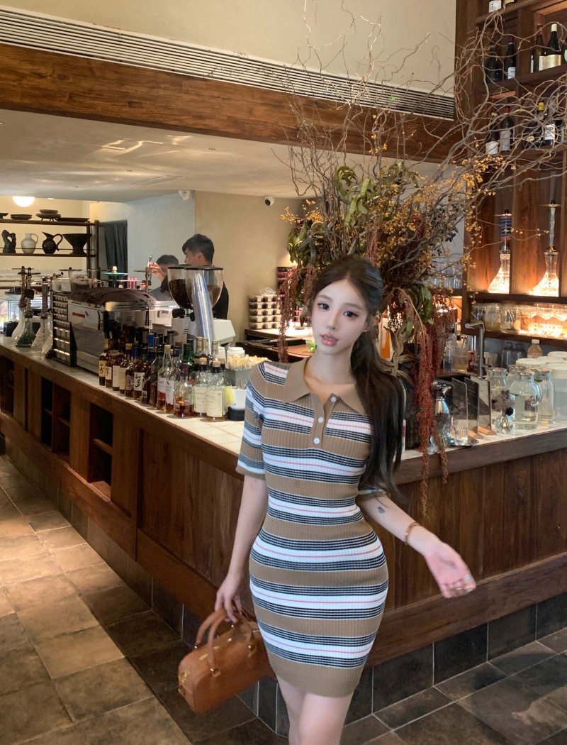 Slim stripe lapel enticement France style dress for women