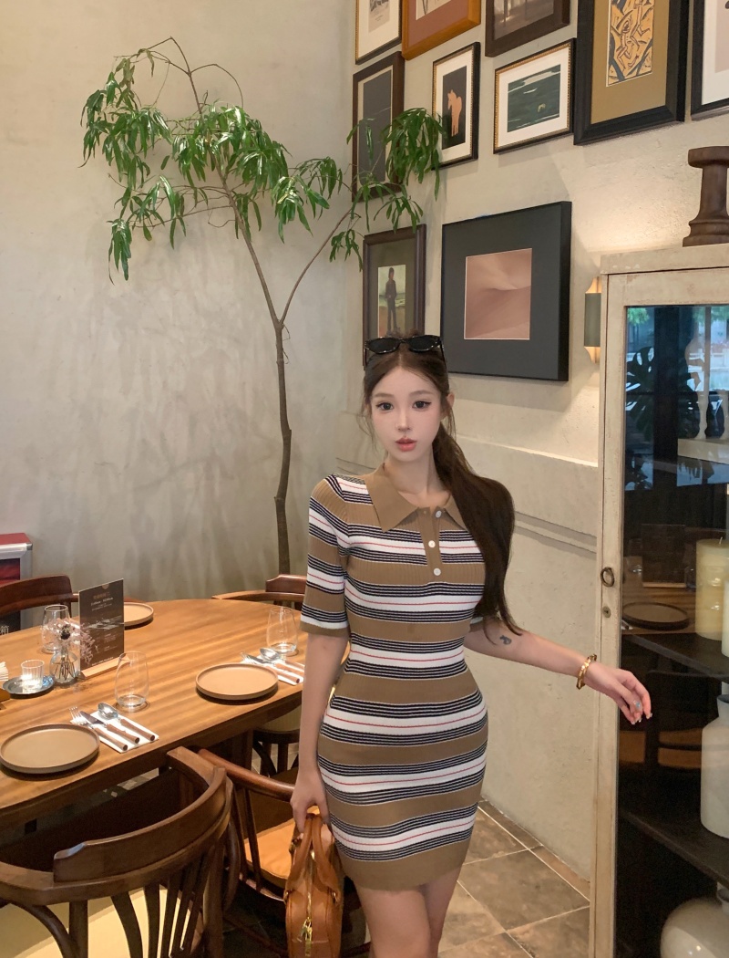 Slim stripe lapel enticement France style dress for women