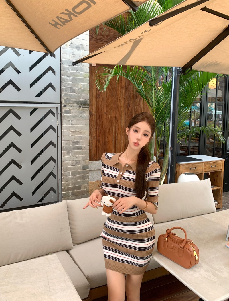 Slim stripe lapel enticement France style dress for women