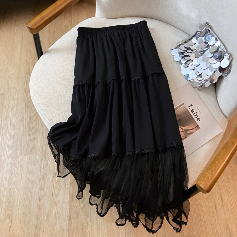 Splice long lace temperament gauze skirt for women