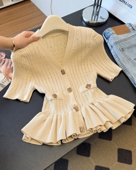 Lotus leaf edges hem fashion tops V-neck chanelstyle sweater