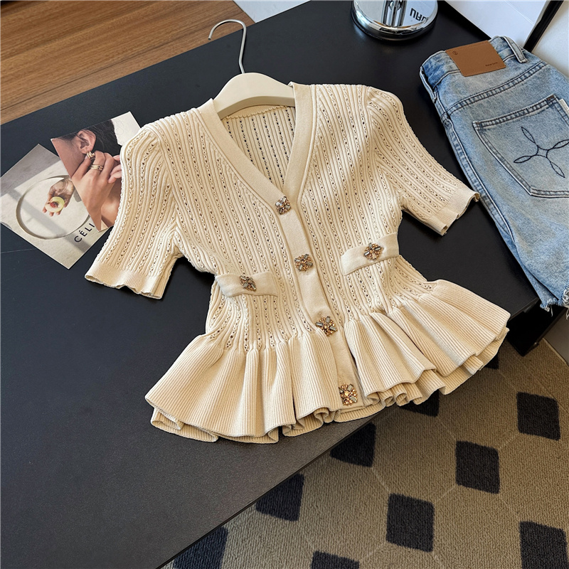 Lotus leaf edges hem fashion tops V-neck chanelstyle sweater