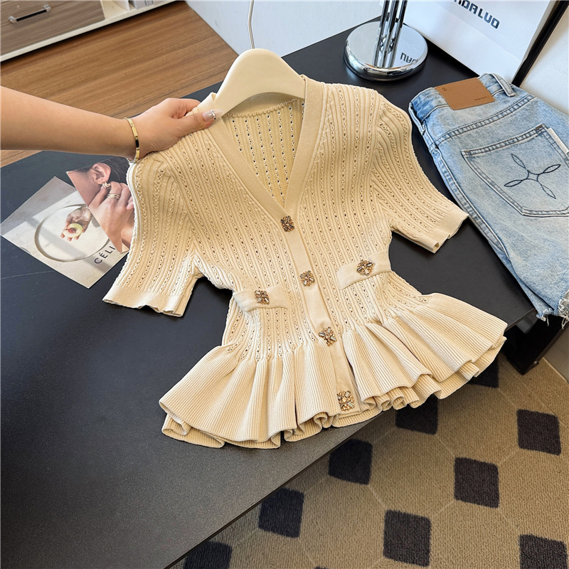 Lotus leaf edges hem fashion tops V-neck chanelstyle sweater