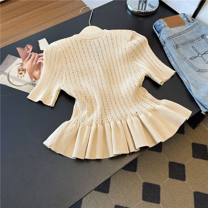 Lotus leaf edges hem fashion tops V-neck chanelstyle sweater