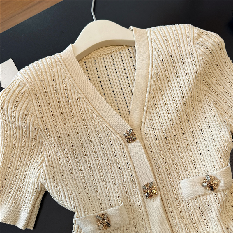 Lotus leaf edges hem fashion tops V-neck chanelstyle sweater