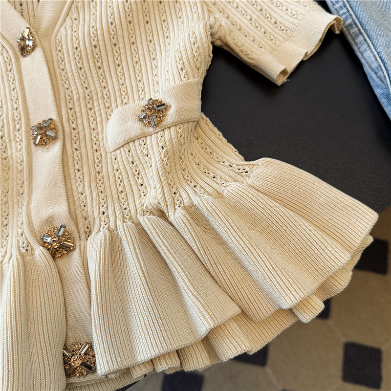 Lotus leaf edges hem fashion tops V-neck chanelstyle sweater