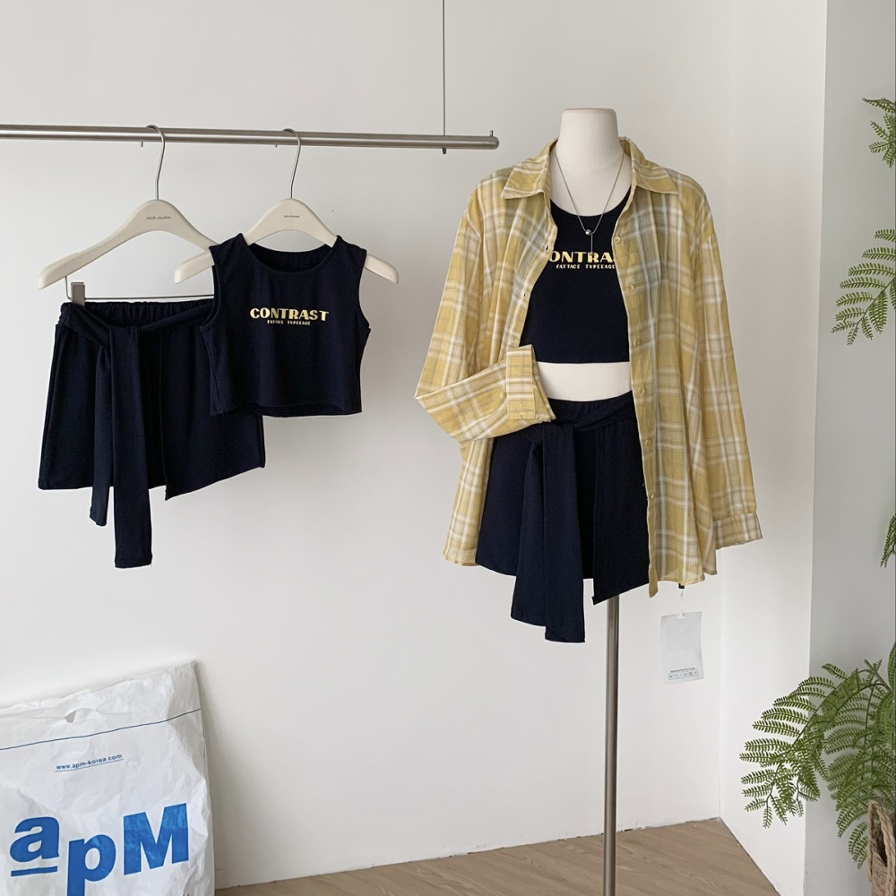 Plaid temperament shirt street short skirt 3pcs set