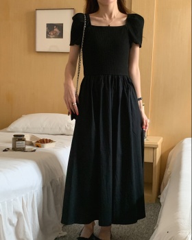 Splice long retro knitted square collar puff sleeve dress