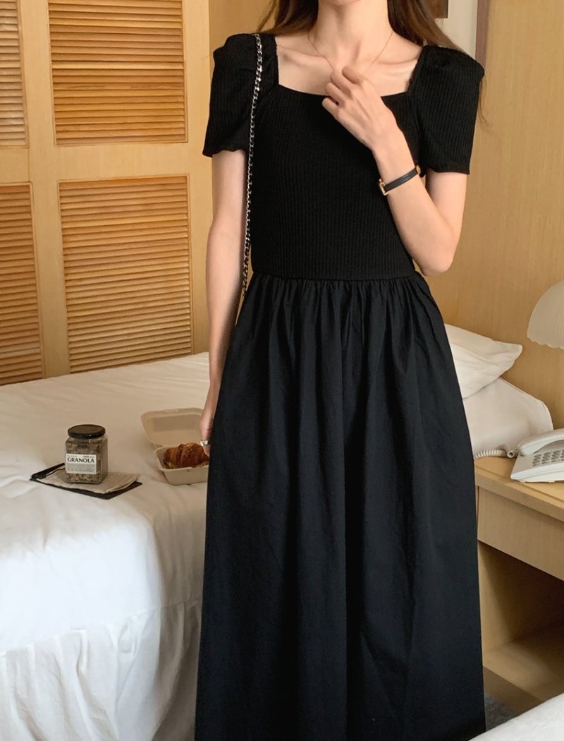 Splice long retro knitted square collar puff sleeve dress