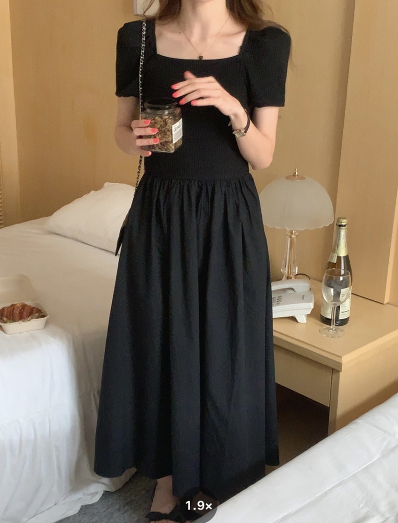 Splice long retro knitted square collar puff sleeve dress