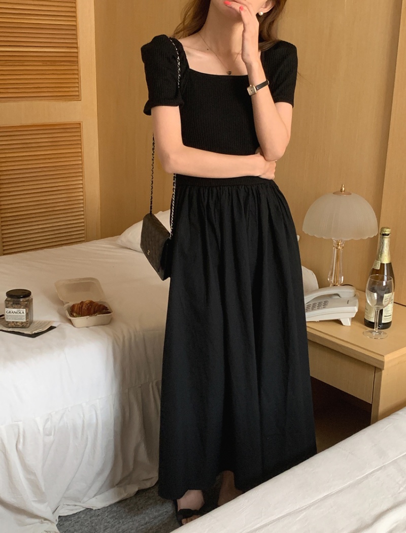 Splice long retro knitted square collar puff sleeve dress
