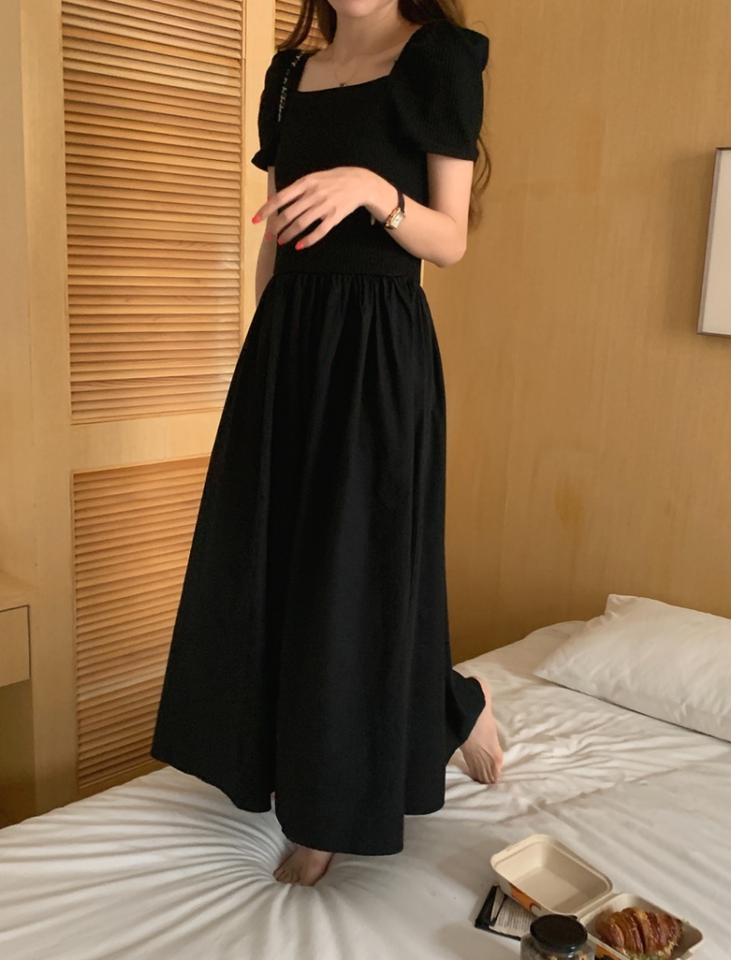 Splice long retro knitted square collar puff sleeve dress