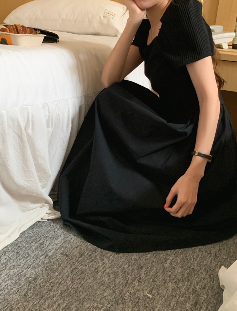 Splice long retro knitted square collar puff sleeve dress
