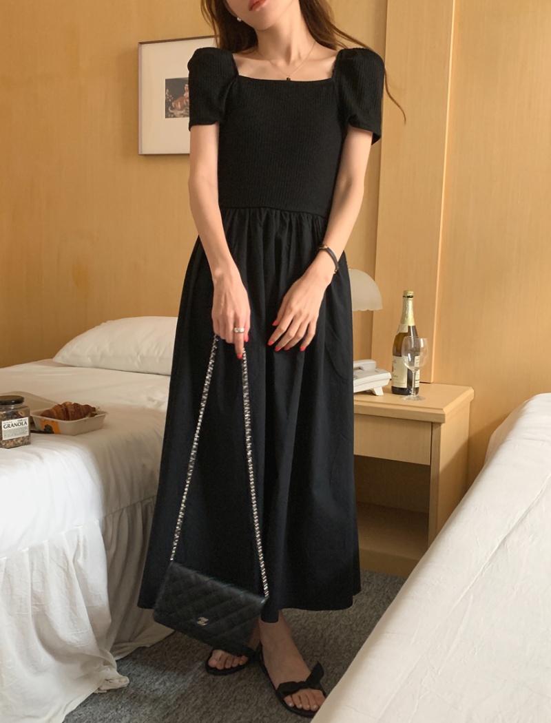 Splice long retro knitted square collar puff sleeve dress