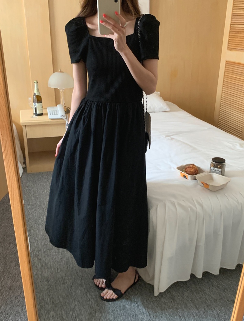 Splice long retro knitted square collar puff sleeve dress
