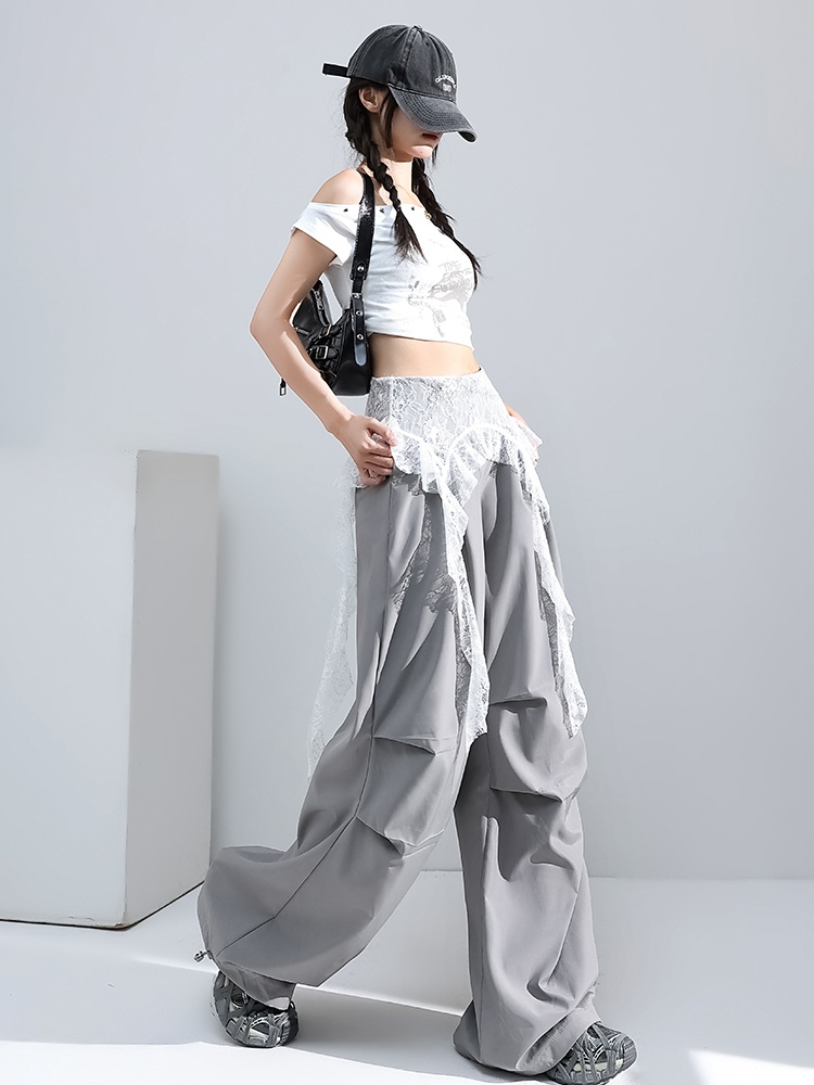 Loose fold wide leg pants sports lace pants for women