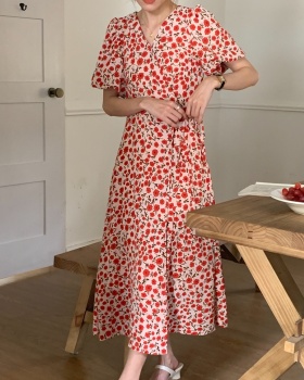 Puff sleeve France style V-neck floral fresh a slice dress