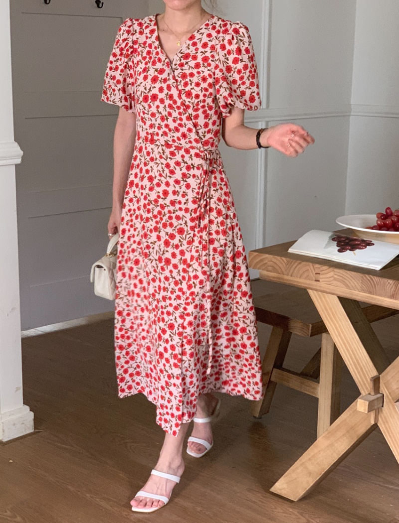 Puff sleeve France style V-neck floral fresh a slice dress
