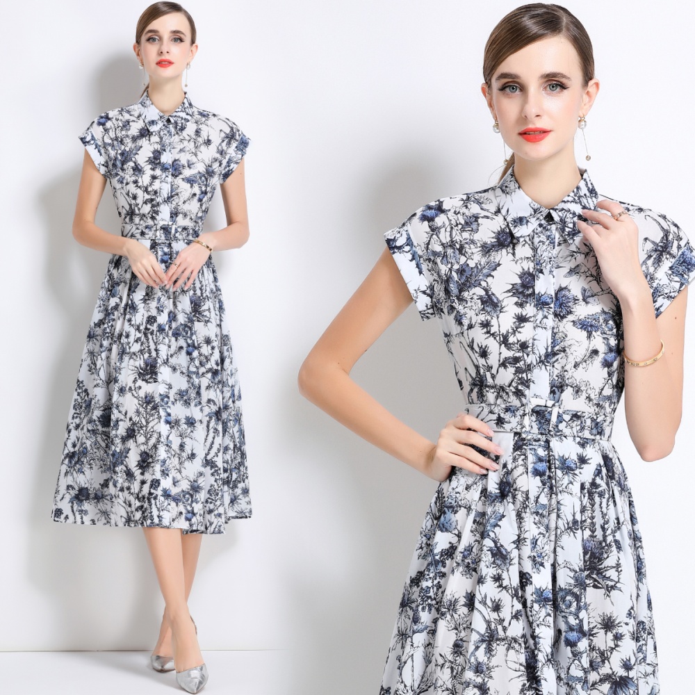 Short sleeve with belt shirt printing summer dress