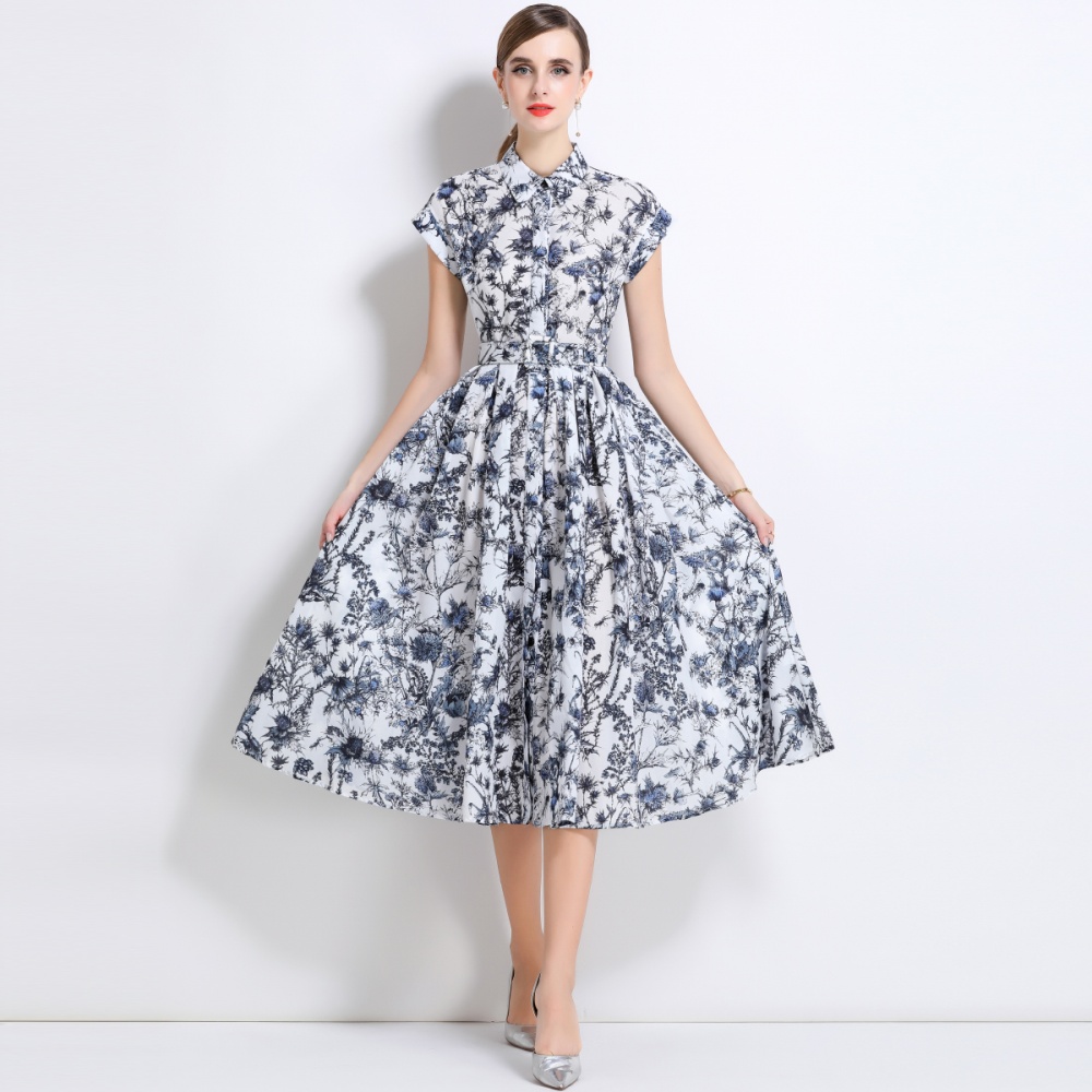 Short sleeve with belt shirt printing summer dress