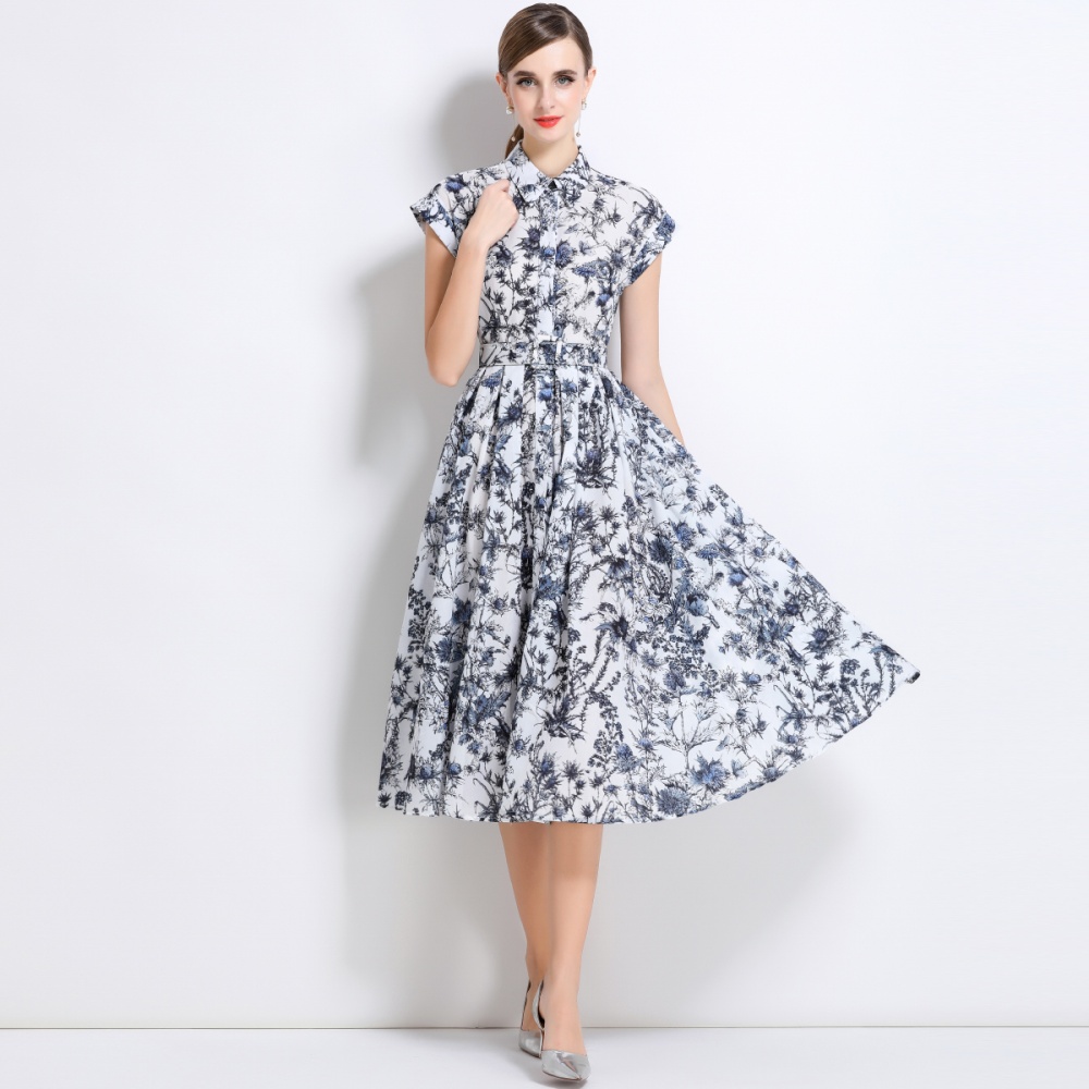 Short sleeve with belt shirt printing summer dress