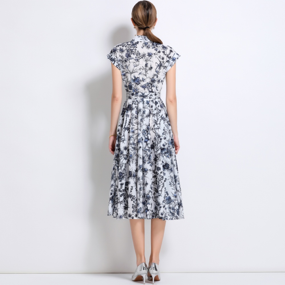 Short sleeve with belt shirt printing summer dress