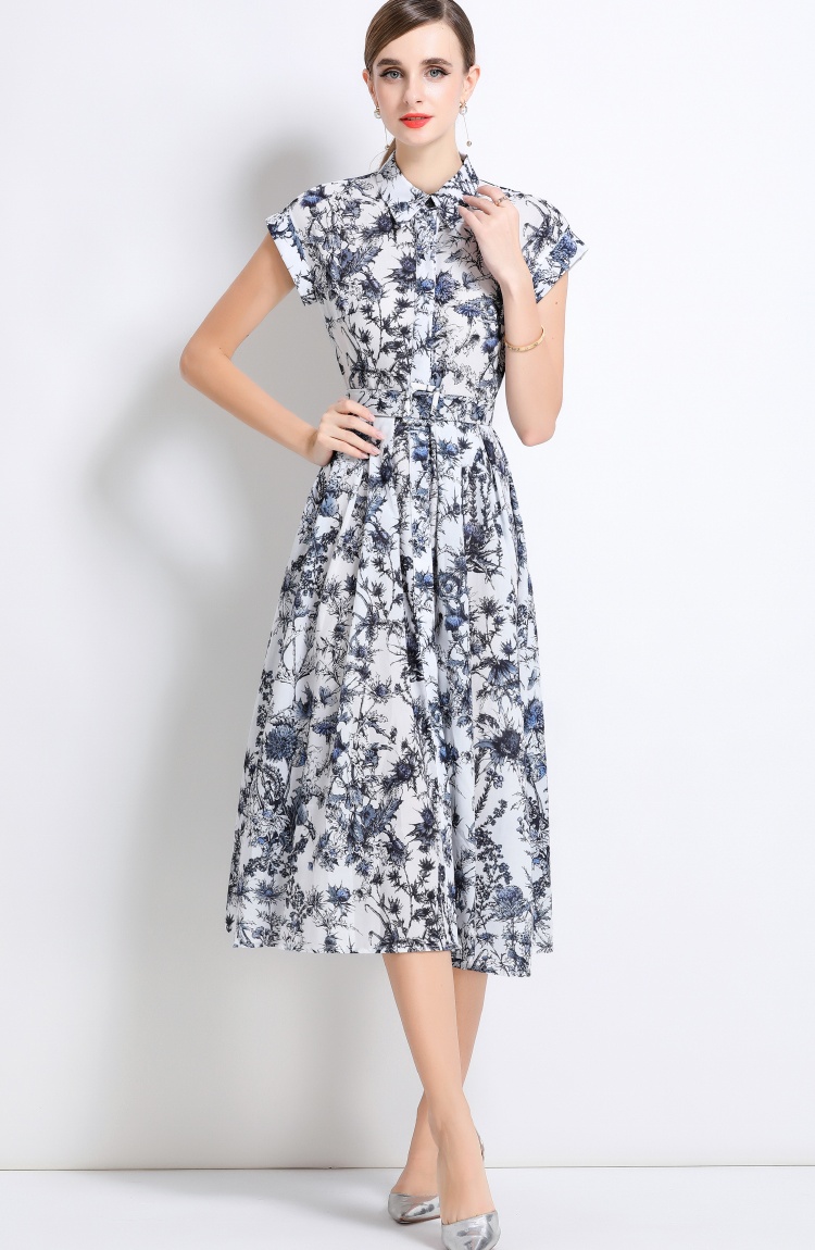 Short sleeve with belt shirt printing summer dress