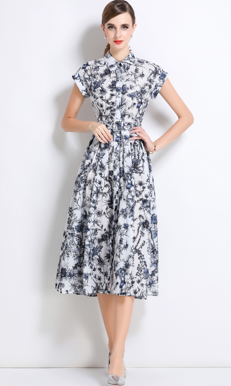 Short sleeve with belt shirt printing summer dress
