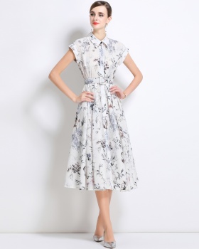 Summer with belt dress printing short sleeve shirt