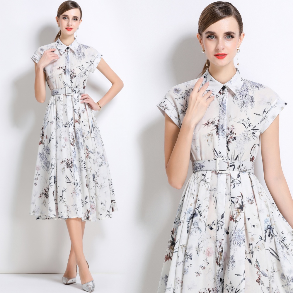 Summer with belt dress printing short sleeve shirt