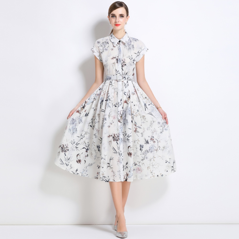Summer with belt dress printing short sleeve shirt