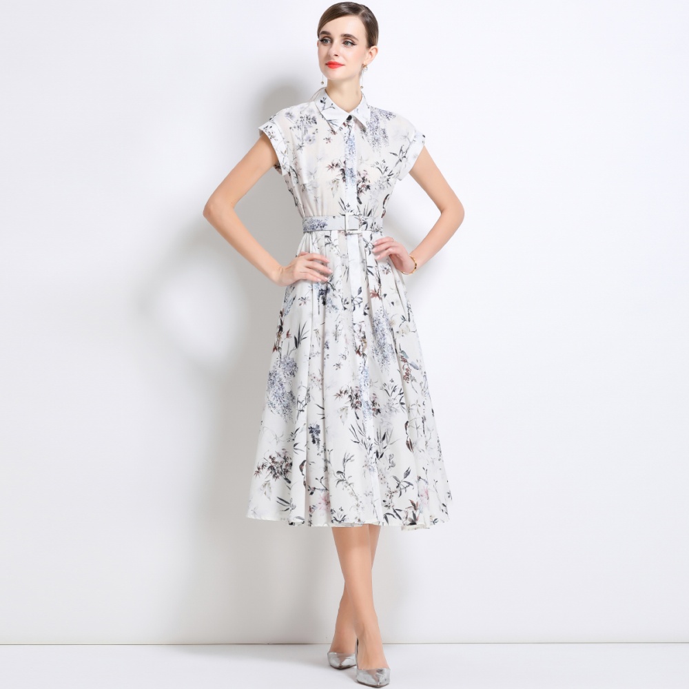 Summer with belt dress printing short sleeve shirt