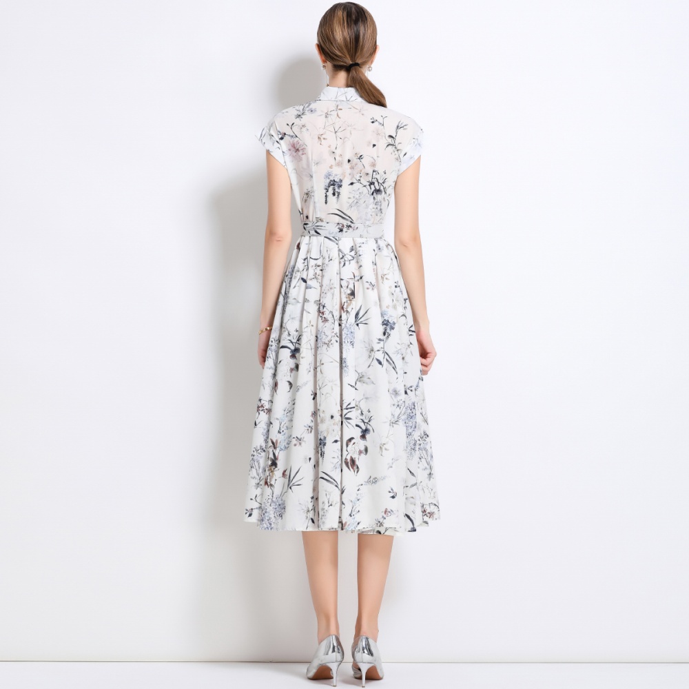 Summer with belt dress printing short sleeve shirt