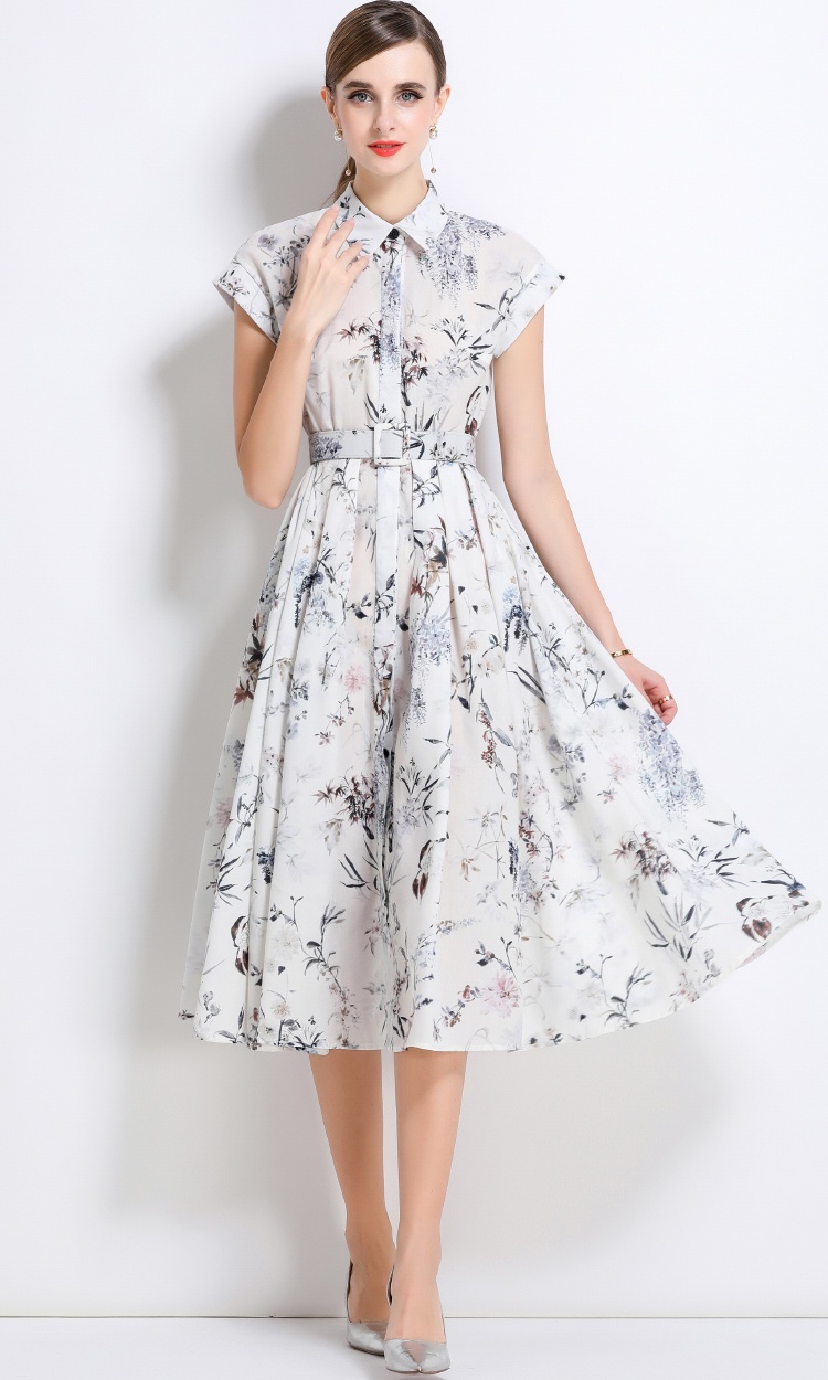 Summer with belt dress printing short sleeve shirt