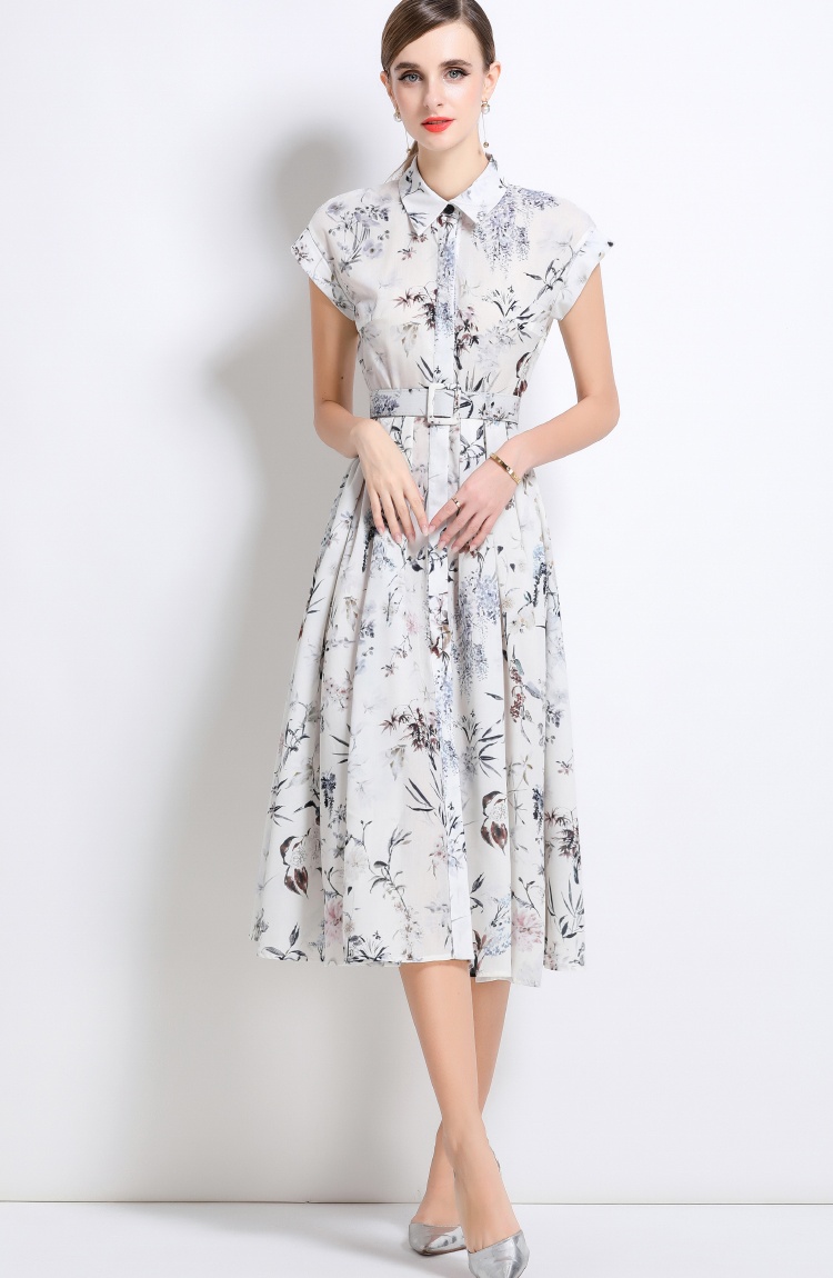 Summer with belt dress printing short sleeve shirt