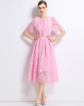 Chanelstyle summer with belt temperament lace dress