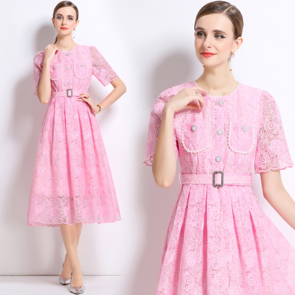Chanelstyle summer with belt temperament lace dress