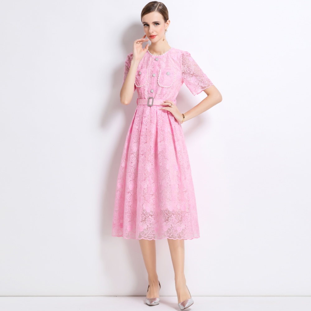 Chanelstyle summer with belt temperament lace dress