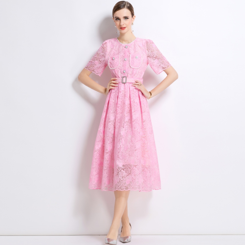 Chanelstyle summer with belt temperament lace dress