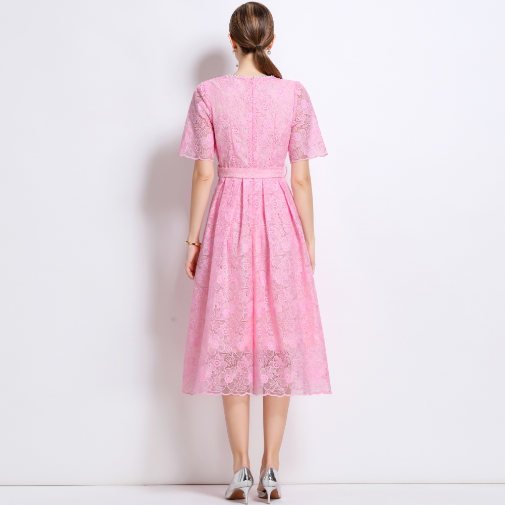 Chanelstyle summer with belt temperament lace dress