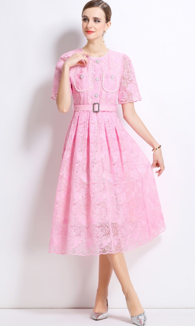 Chanelstyle summer with belt temperament lace dress