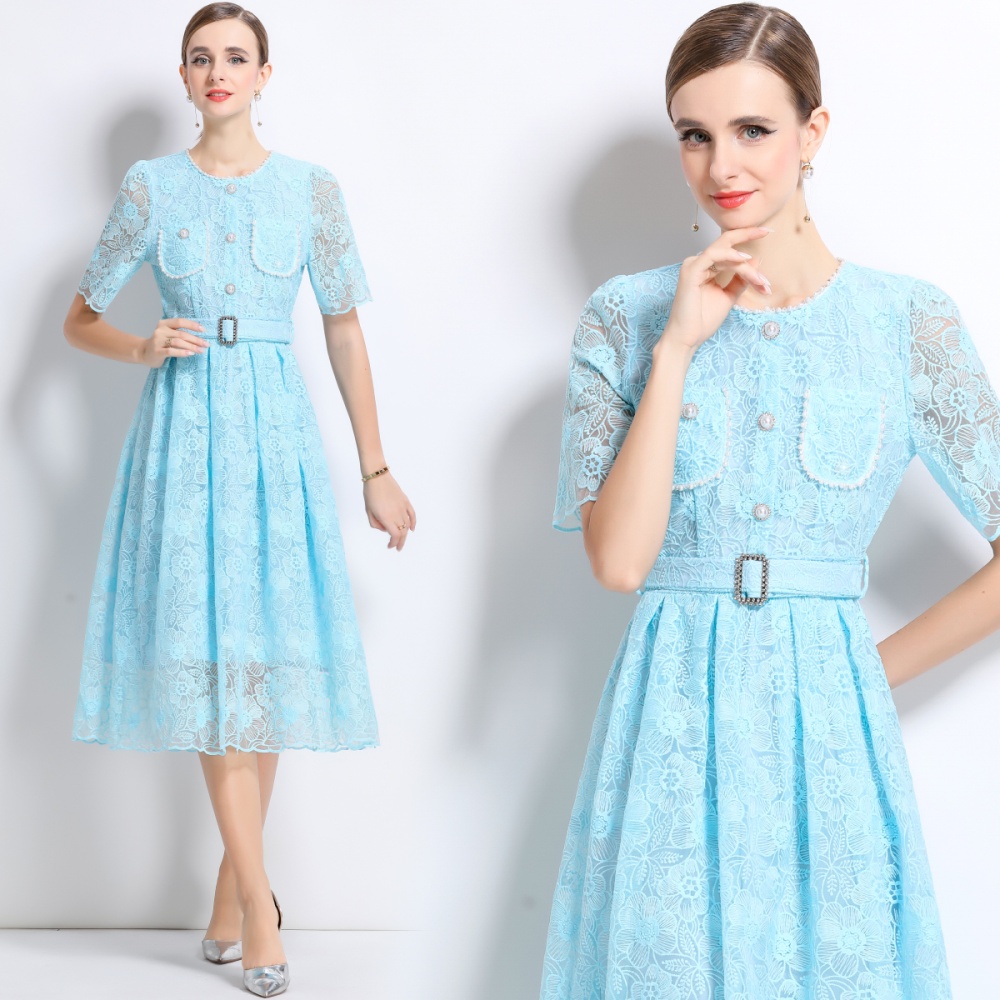 Short sleeve summer temperament with belt dress