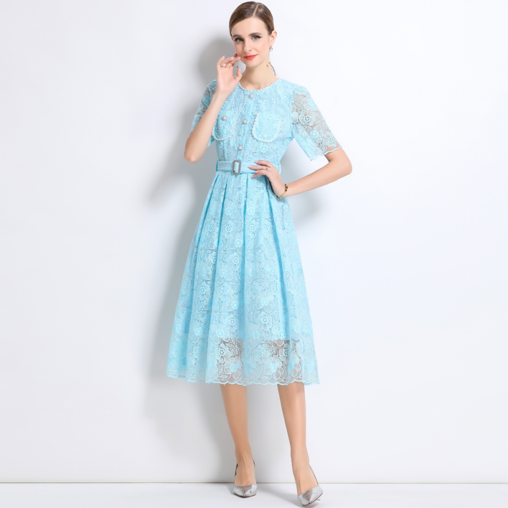 Short sleeve summer temperament with belt dress